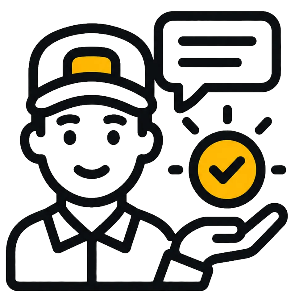 Smiling deliveryman with hat and check mark in hand